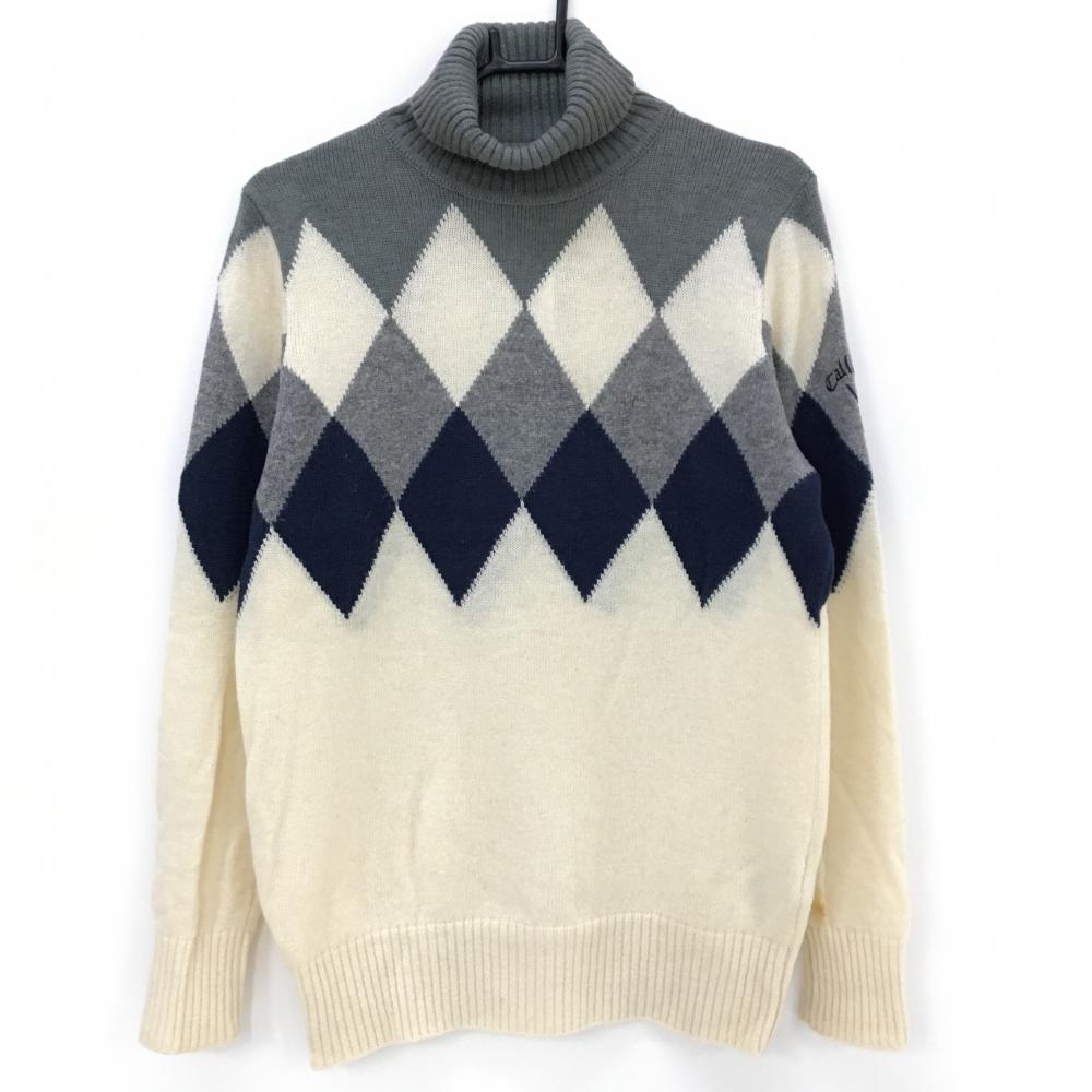 キャロウェイ タートルネックセーター アイボリー×グレー 胸上ダイヤ柄 ウール混 ニット メンズ L ゴルフウェア Callaway