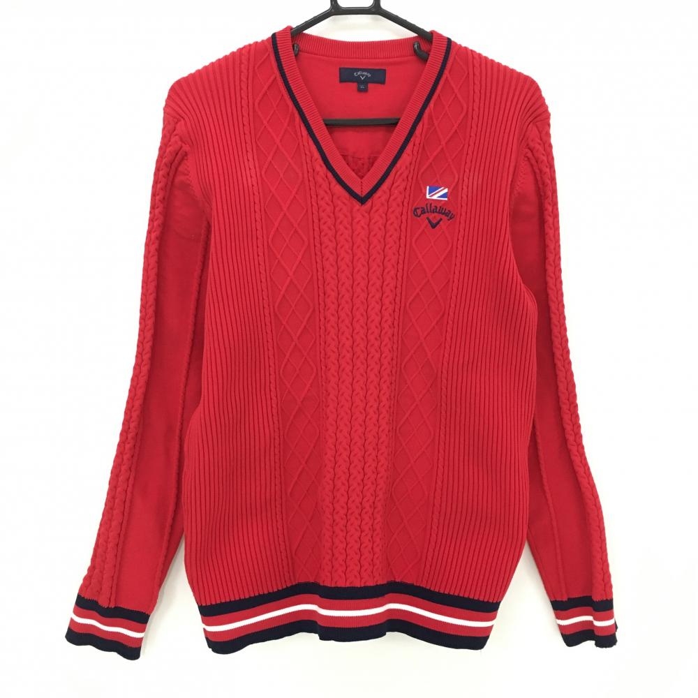 【美品】キャロウェイ セーター レッド×ネイビー ケーブル編み Vネック ニット  メンズ LL ゴルフウェア Callaway