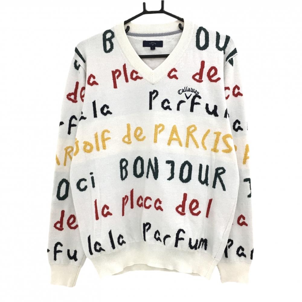キャロウェイ セーター 白×マルチカラー 英字総柄 Vネック メンズ L ゴルフウェア Callaway
