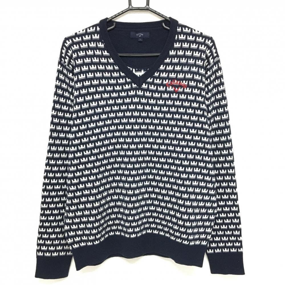 キャロウェイ セーター ネイビー×白 総柄 ウール混 ニット Vネック  メンズ 3L ゴルフウェア 大きいサイズ Callaway