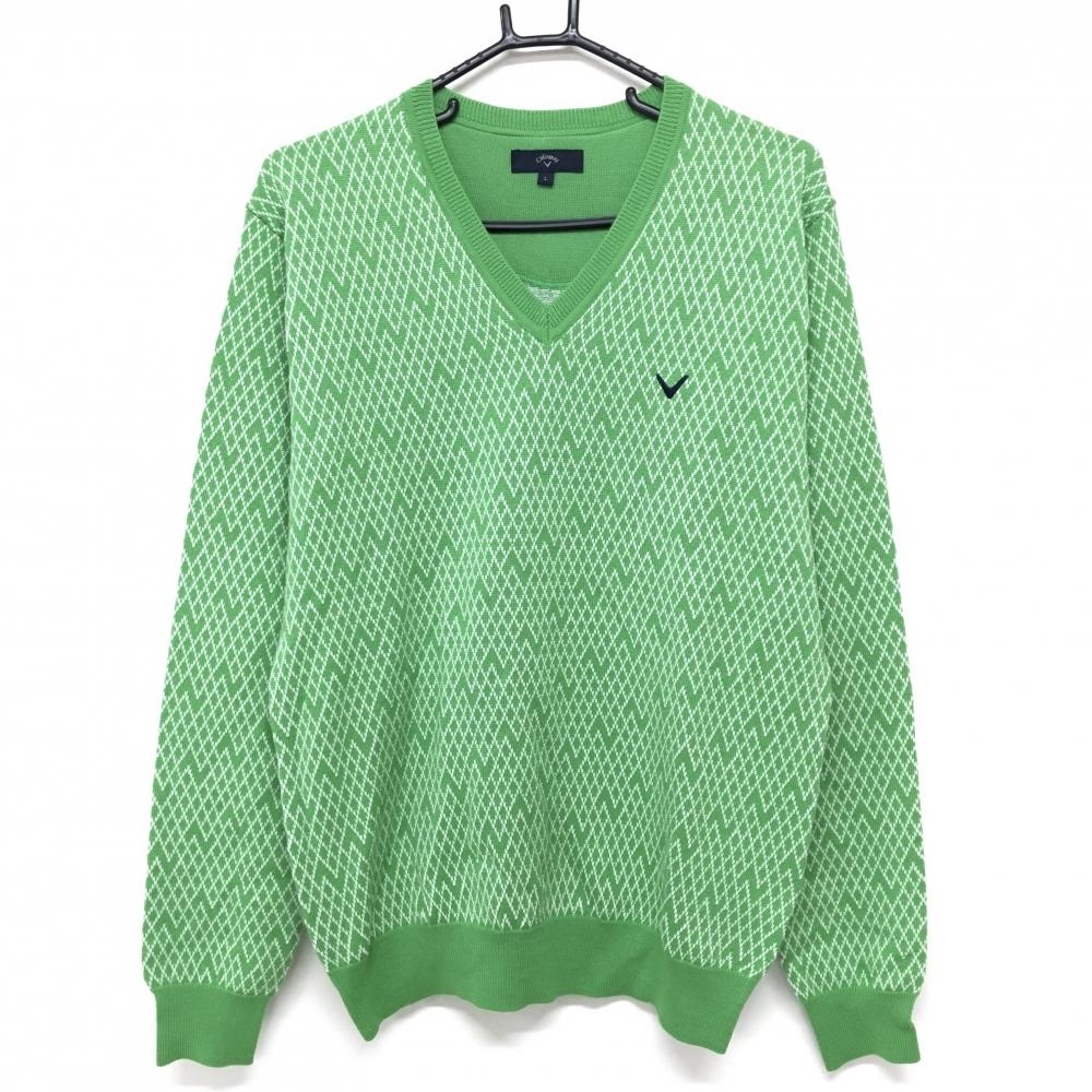【超美品】キャロウェイ セーター ライトグリーン×白 総柄 ダイヤ柄調 ニット ウール混 Vネック メンズ L ゴルフウェア Callaway