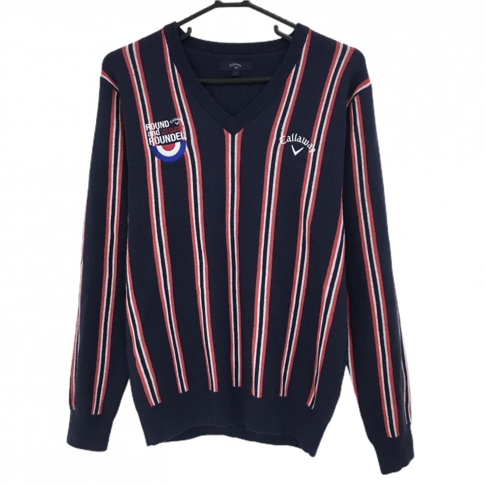 【美品】キャロウェイ セーター ネイビー×レッド ストライプ ウール混 ニット メンズ L ゴルフウェア Callaway