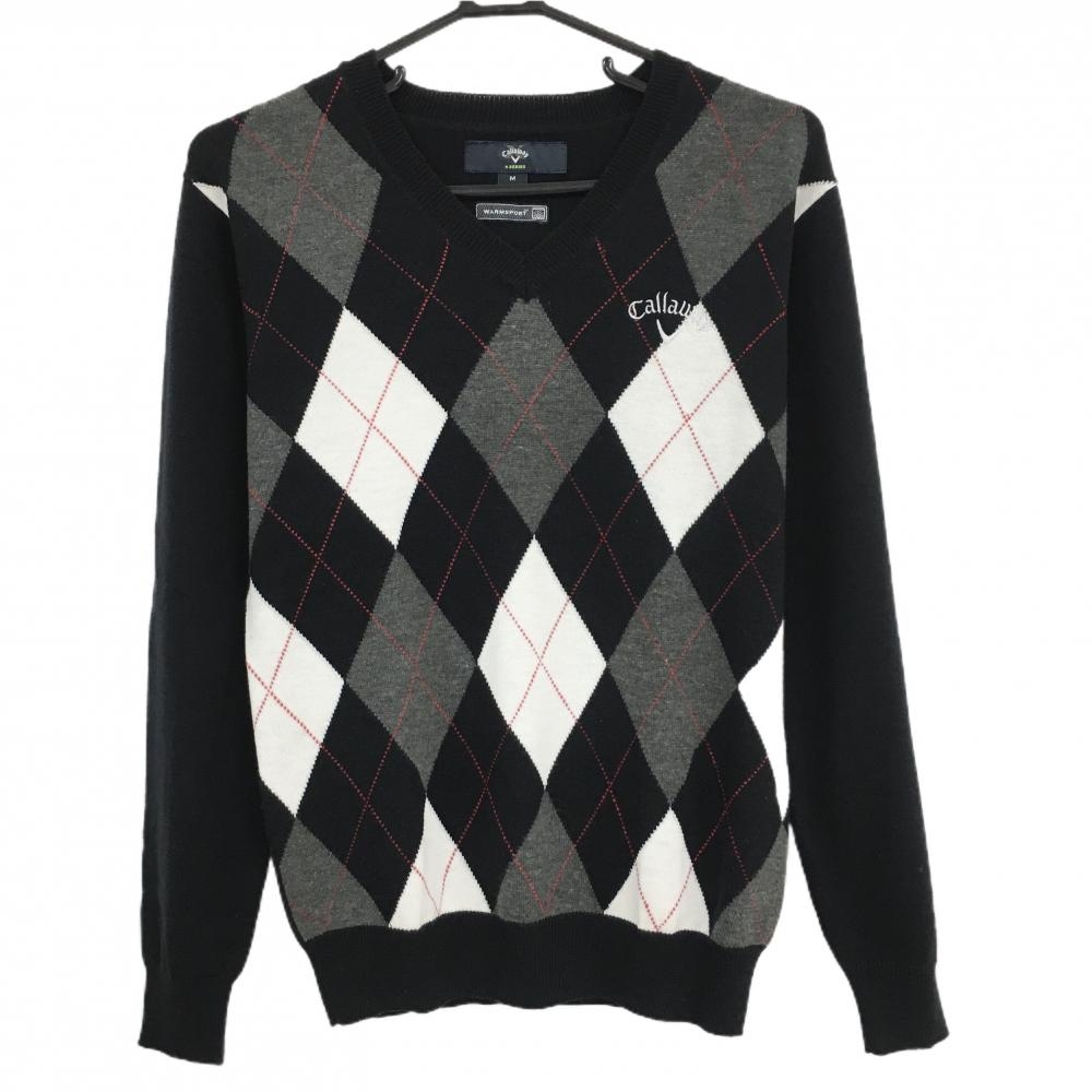 【美品】キャロウェイ セーター 黒×グレー×白 フロントアーガイル柄 Vネック ウール混 メンズ M ゴルフウェア Callaway