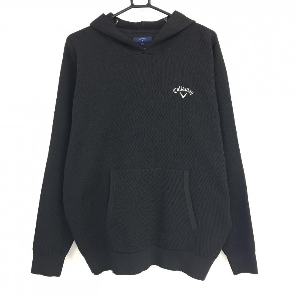 【超美品】キャロウェイ フード付セーター 黒 ポケット付 ニットパーカー ロゴ白 メンズ LL ゴルフウェア Callaway