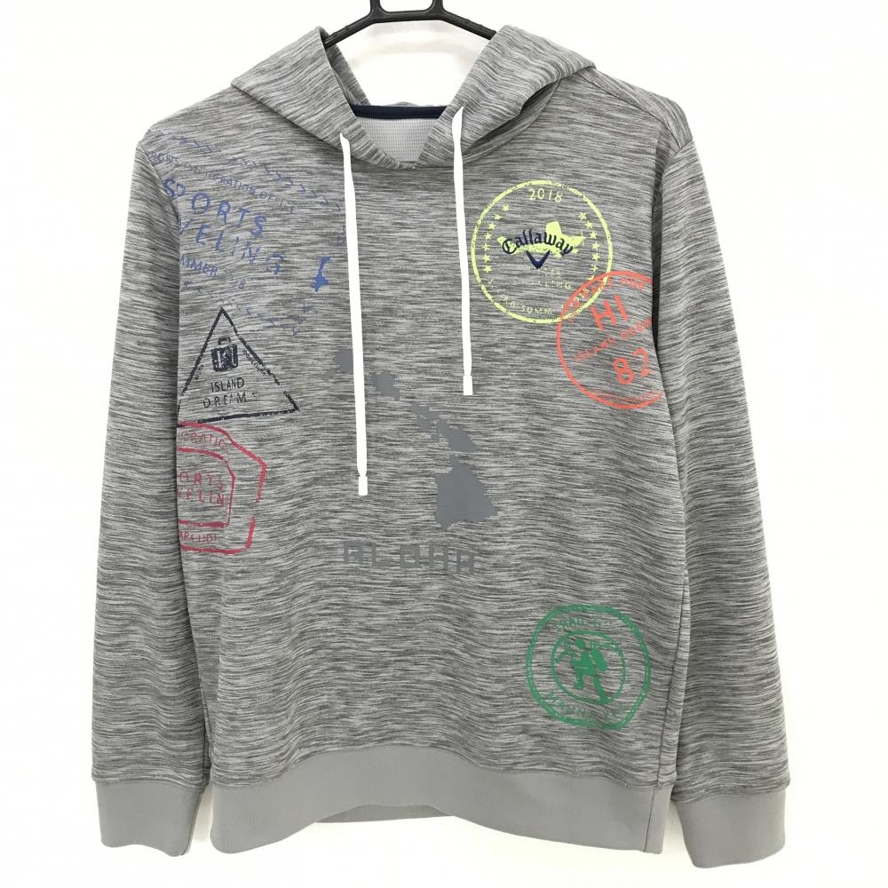 【超美品】キャロウェイ パーカー グレー×マルチ 地模様 ロゴ刺しゅう フード付 メンズ M ゴルフウェア Callaway