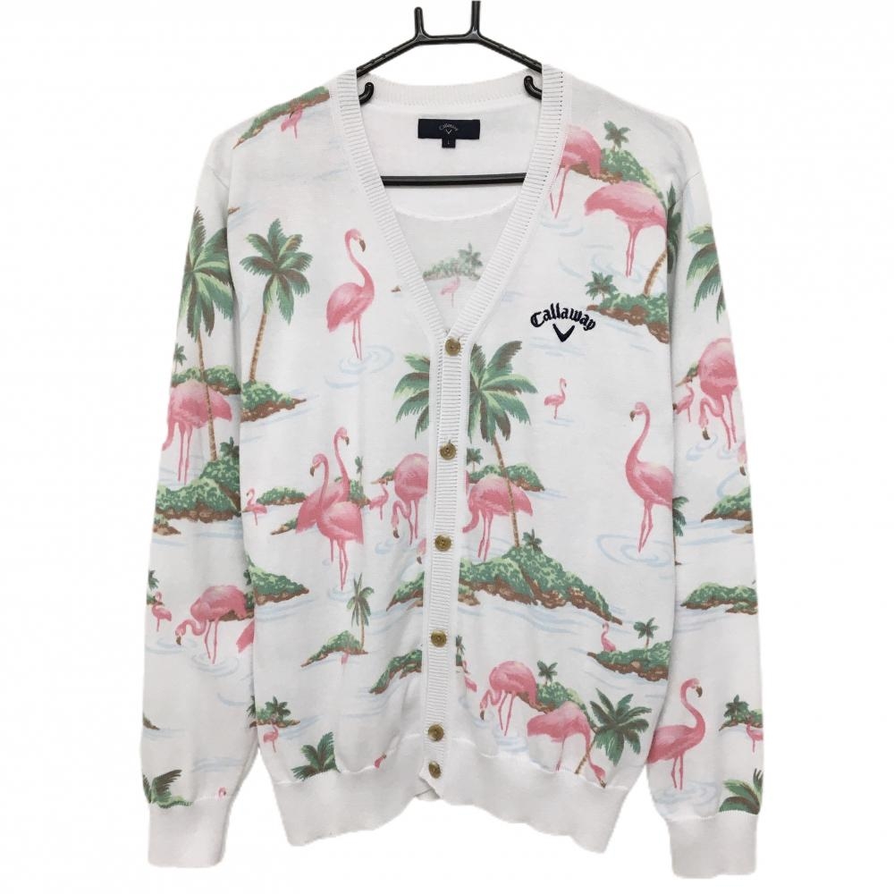 キャロウェイ カーディガン 白×ピンク×グリーン フラミンゴ総柄 コットン混 メンズ L ゴルフウェア Callaway
