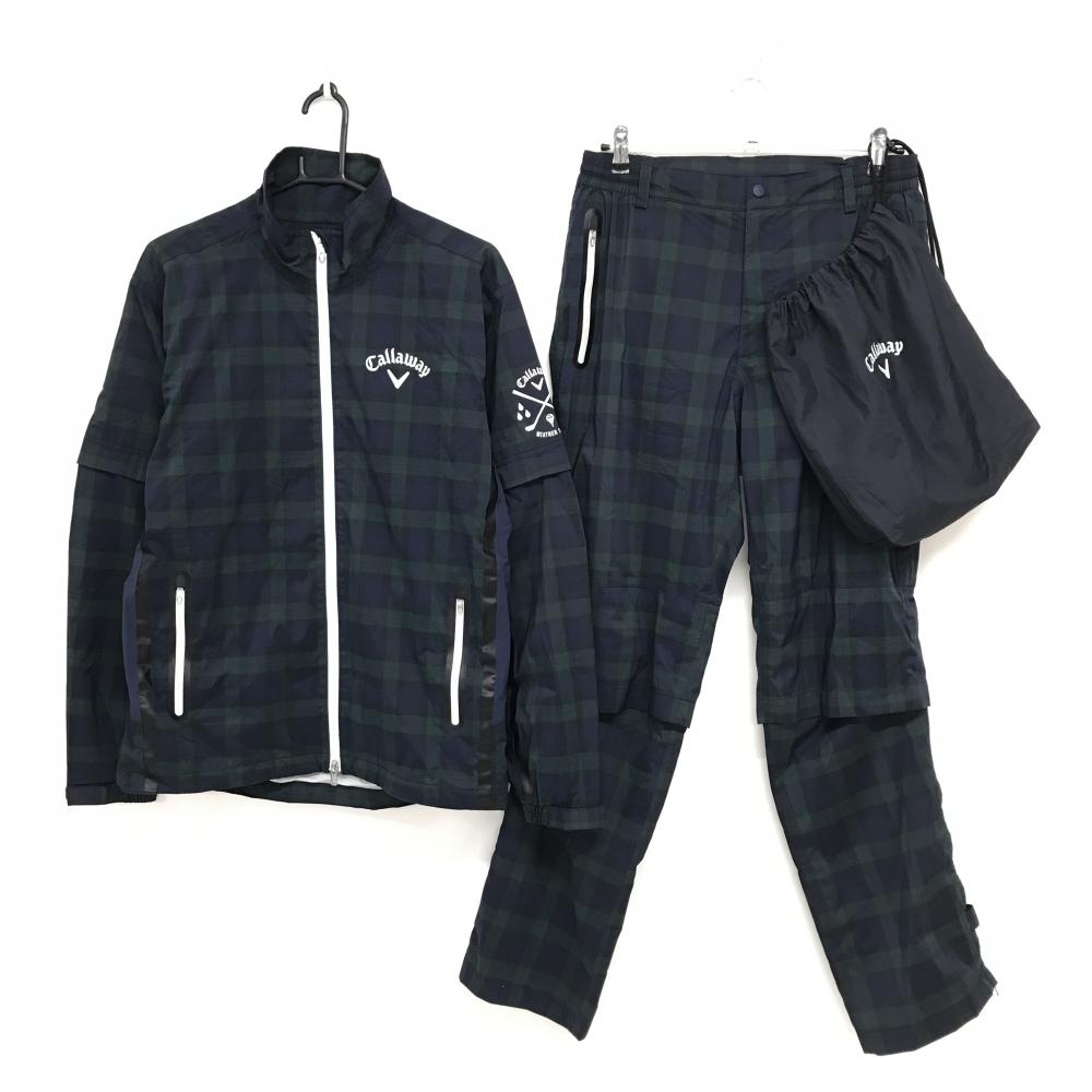 キャロウェイ レインウェア(2WAYジャケット×パンツ) ネイビー×グリーン チェック 袖着脱可 収納袋  メンズ L ゴルフウェア Callaway