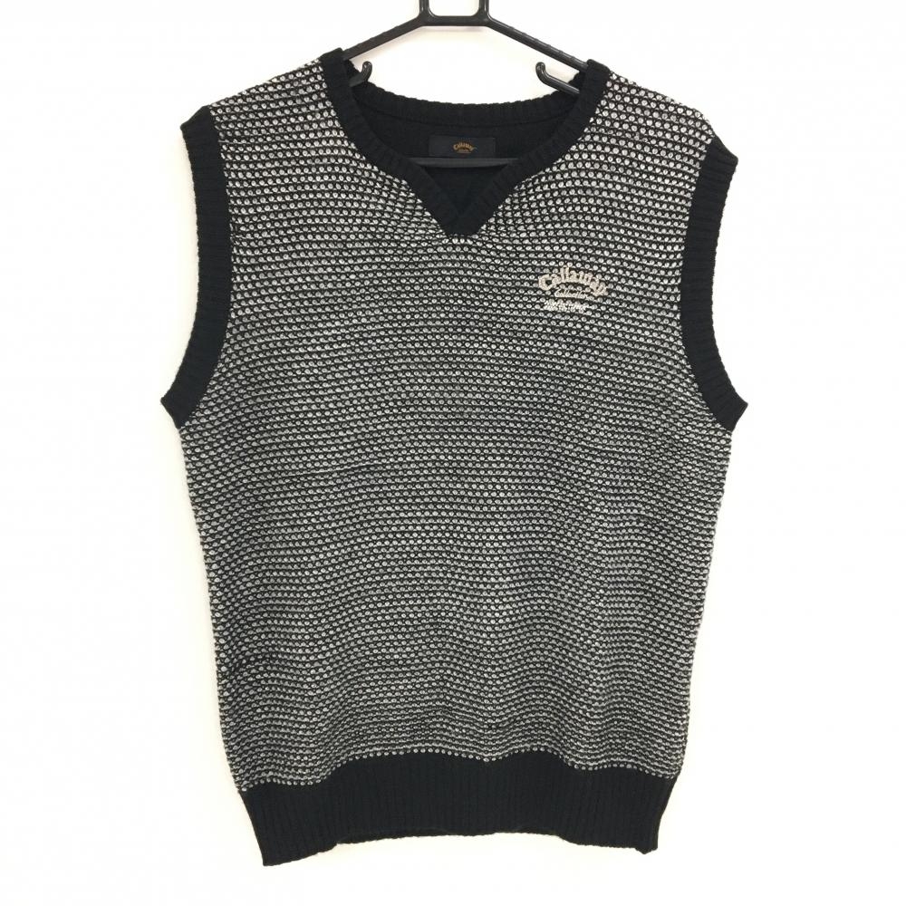 【超美品】キャロウェイ ベスト 黒×白 総柄編み ウール混  メンズ LL ゴルフウェア Callaway