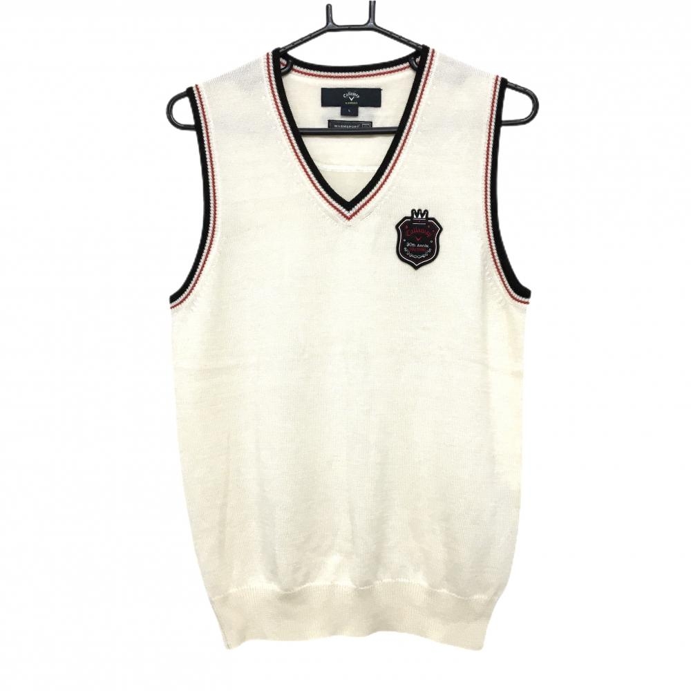 【超美品】キャロウェイ ニットベスト アイボリー×黒×レッド ウール混 30周年 WARMSPORT Vネック メンズ L ゴルフウェア Callaway