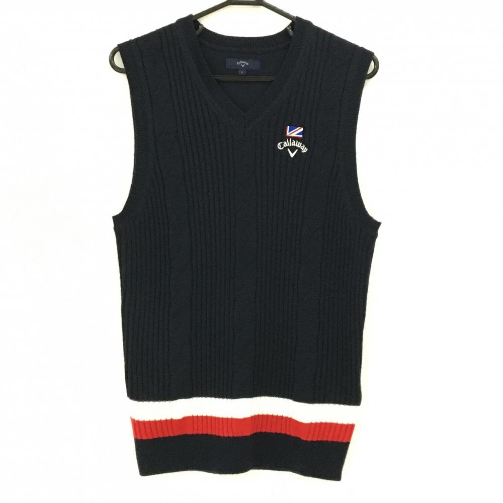 【美品】キャロウェイ ニットベスト ネイビー×レッド 裾ライン ケーブル編み  メンズ L ゴルフウェア Callaway