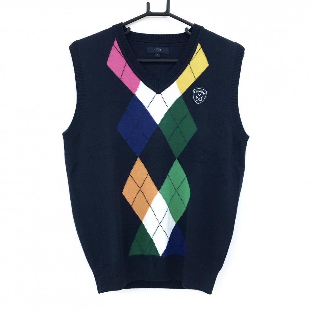 【美品】キャロウェイ ニットベスト ネイビー×マルチカラー 前面アーガイル柄 ワッペン メンズ L ゴルフウェア Callaway