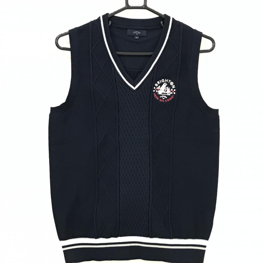 【美品】キャロウェイ ニットベスト ネイビー×白 ダイヤ調編み Vネック ポリエステル100％ メンズ M ゴルフウェア Callaway