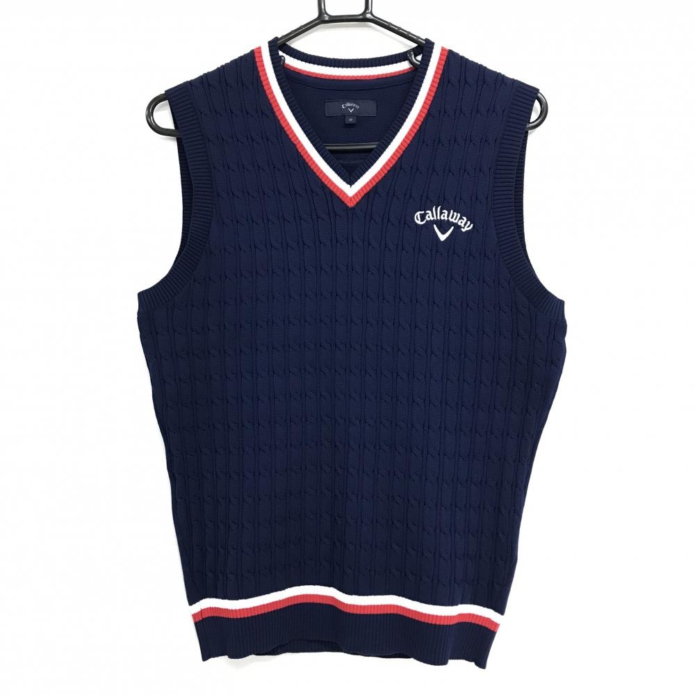 【超美品】キャロウェイ ニットベスト ネイビー×白 前身頃ケーブル編み Vネック ポリエステル100％ メンズ M ゴルフウェア Callaway