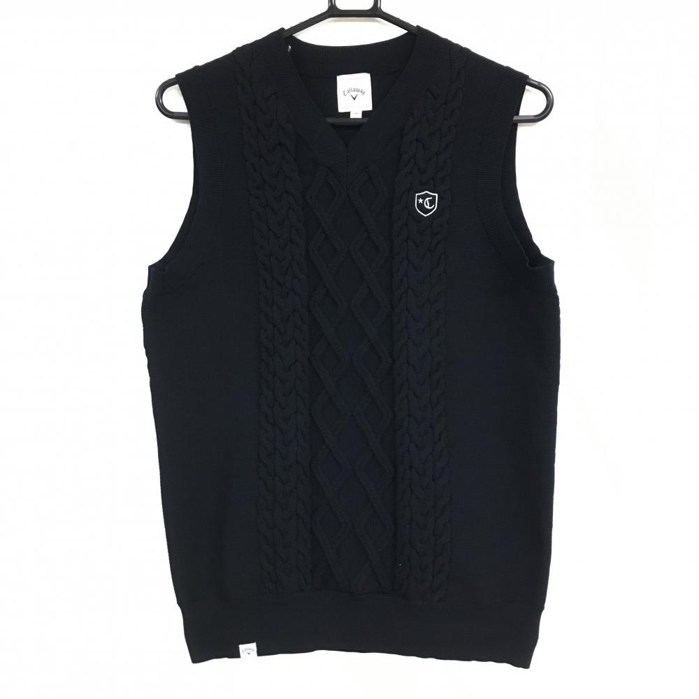 【超美品】キャロウェイ ニットベスト 黒×白 一部ケーブル編み 胸元ロゴ ポリエステル100％ メンズ M ゴルフウェア Callaway