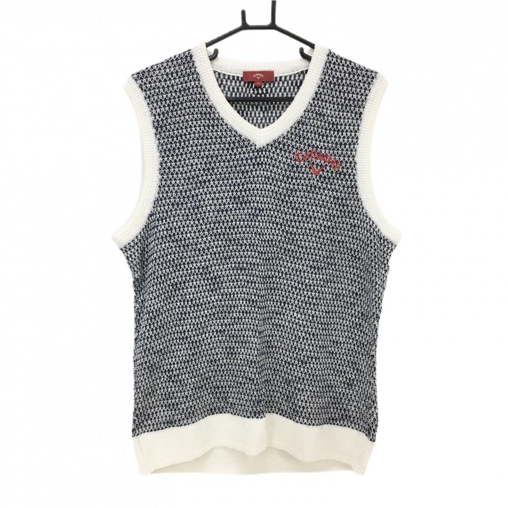 【超美品】キャロウェイ レッドレーベル ニットベスト 白×ネイビー 総柄 麻混  メンズ LL ゴルフウェア Callaway