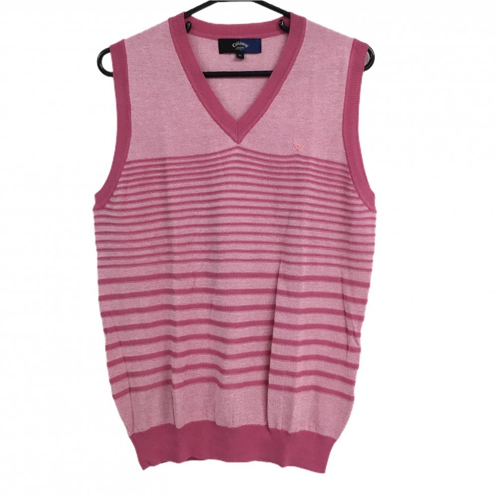 【超美品】キャロウェイ ニットベスト ピンク×白 パネルボーダー コットン混 メンズ LL ゴルフウェア Callaway