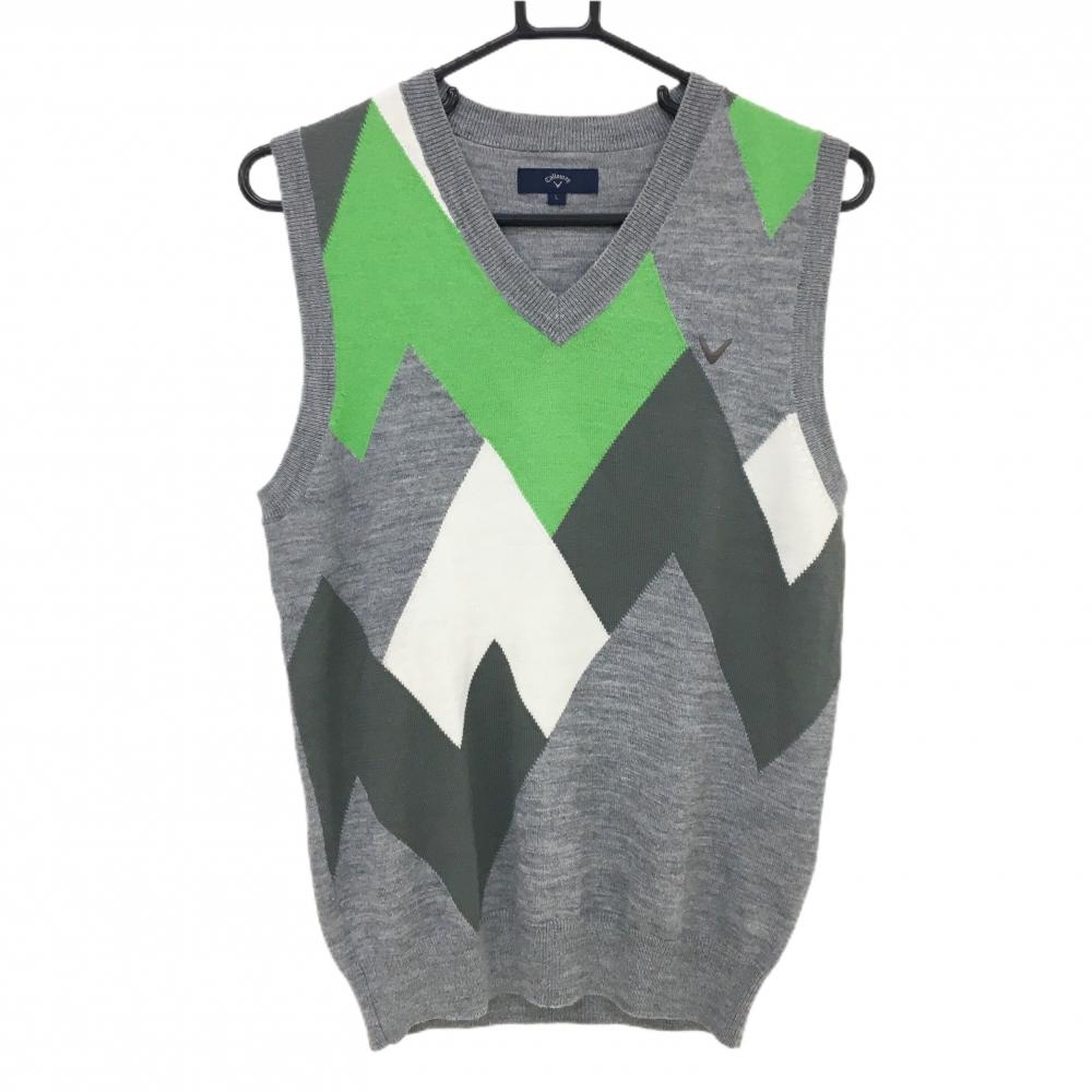 【美品】キャロウェイ ニットベスト グレー×グリーン Vネック ウール混  メンズ L ゴルフウェア Callaway