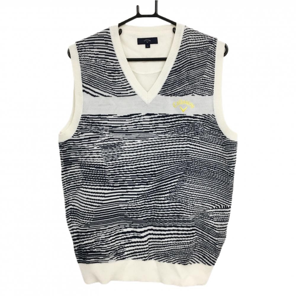 【美品】キャロウェイ ニットベスト アイボリー×ネイビー 前総柄 ウール混 メンズ LL ゴルフウェア Callaway
