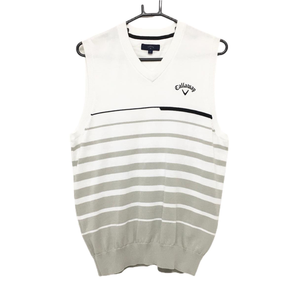 【超美品】キャロウェイ ニットベスト 白×グレー 下部ボーダー ロゴ刺しゅう メンズ L ゴルフウェア Callaway