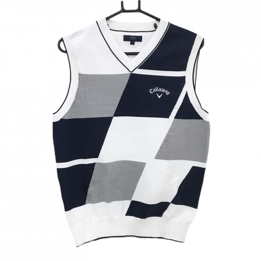 【美品】キャロウェイ ニットベスト 白×ネイビー×グレー Vネック メンズ L ゴルフウェア Callaway