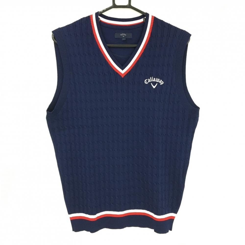 【超美品】キャロウェイ ニットベスト ネイビー×白 ケーブル編み ポリエステル100％ メンズ LL ゴルフウェア Callaway