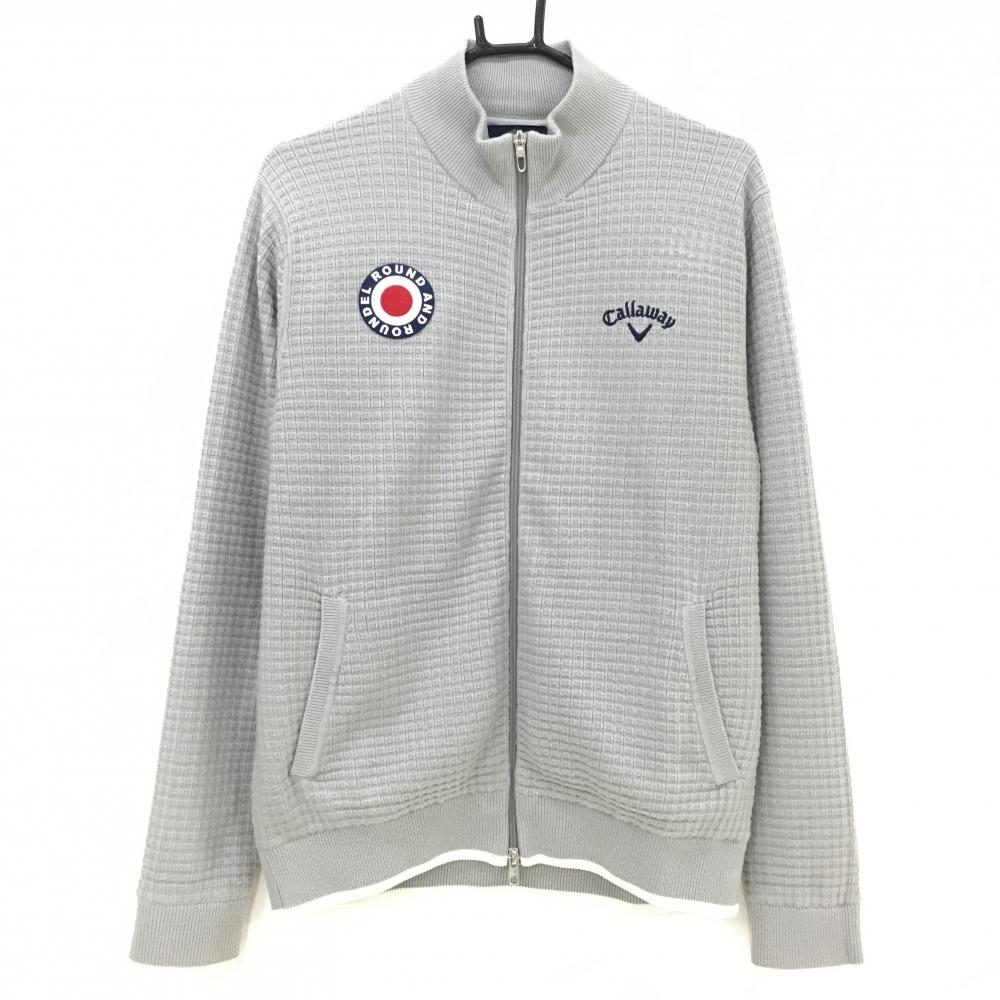 【美品】キャロウェイ ニットジャケット グレー×ネイビー 後上部柄 裏地付 ブルゾン ウール混 メンズ L ゴルフウェア Callaway