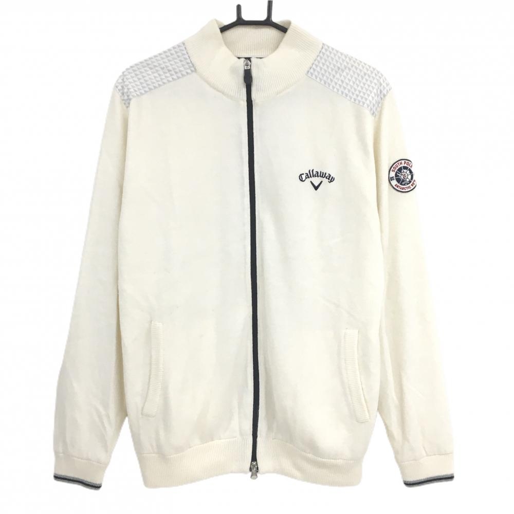 【美品】キャロウェイ ニットジャケット アイボリー×グレー 肩切替 袖ワッペン 裏地付き ウール混 メンズ LL ゴルフウェア Callaway
