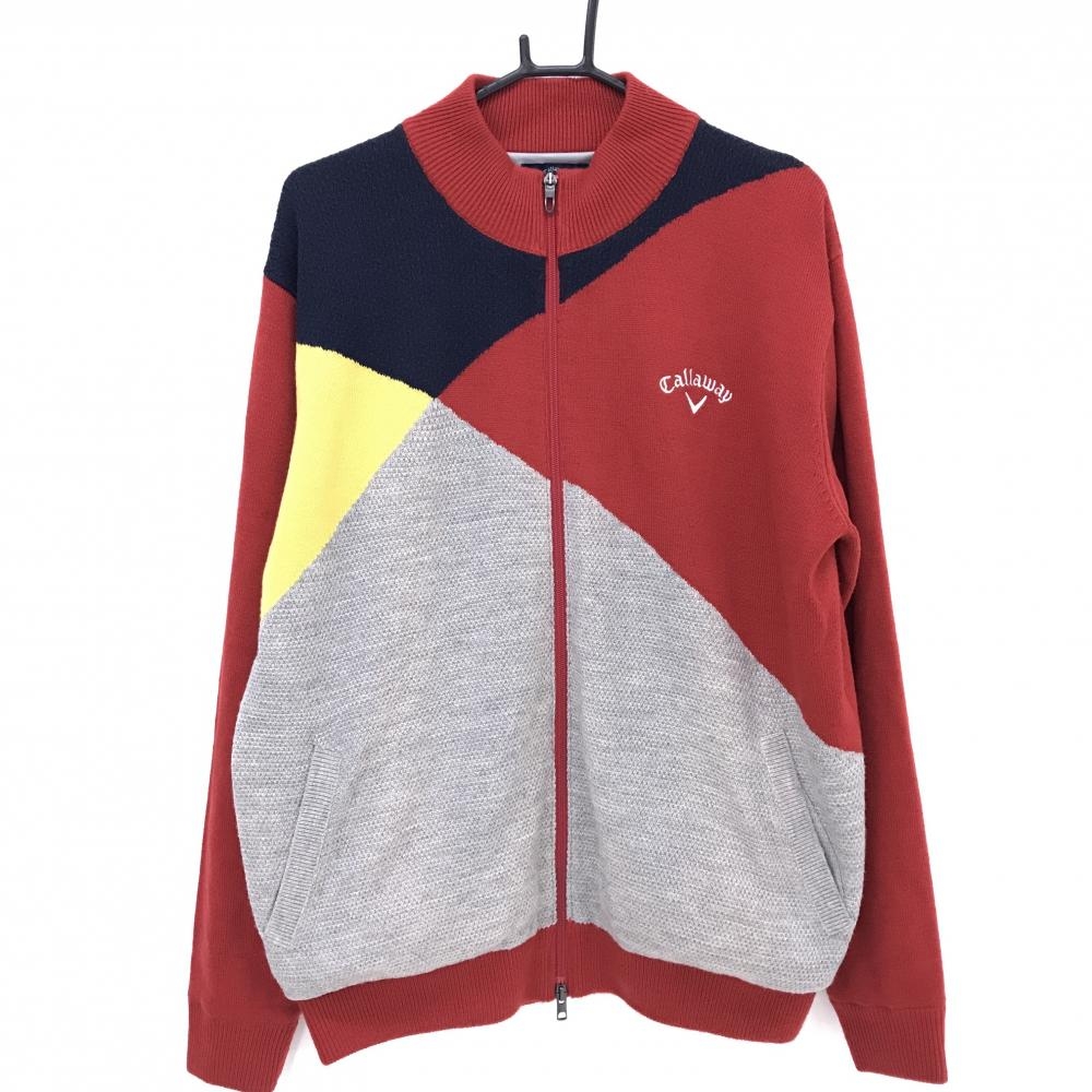 【美品】キャロウェイ ニットジャケット レッド×グレー 裏地付き ウール混 メンズ 3L ゴルフウェア 大きいサイズ Callaway