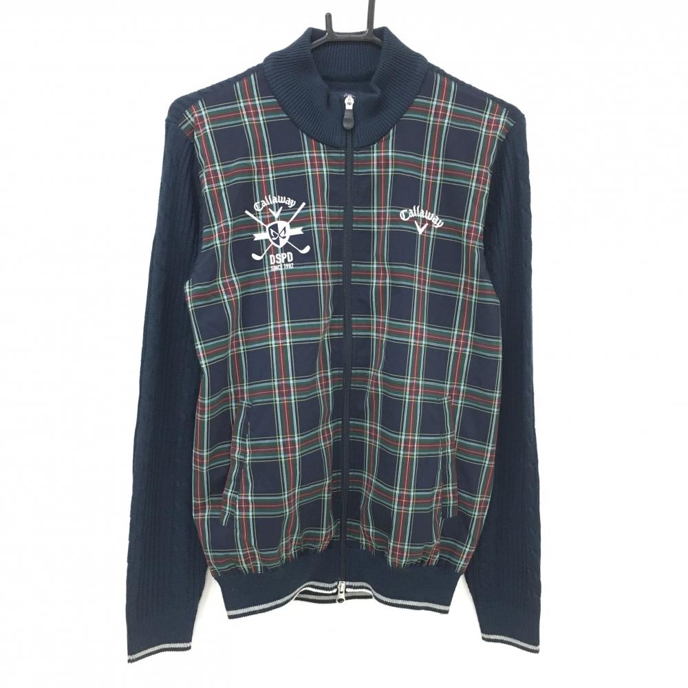 キャロウェイ 異素材ジャケット ネイビー×グリーン チェック ケーブル編み ウール混 ロゴ刺しゅう  メンズ M ゴルフウェア Callaway