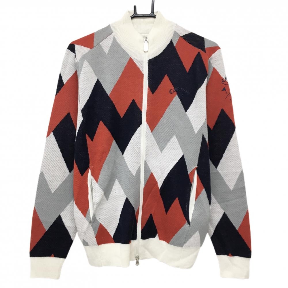 【美品】キャロウェイ ニットジャケット レッド×ネイビー×グレー 総柄 ウール混  メンズ L ゴルフウェア Callaway