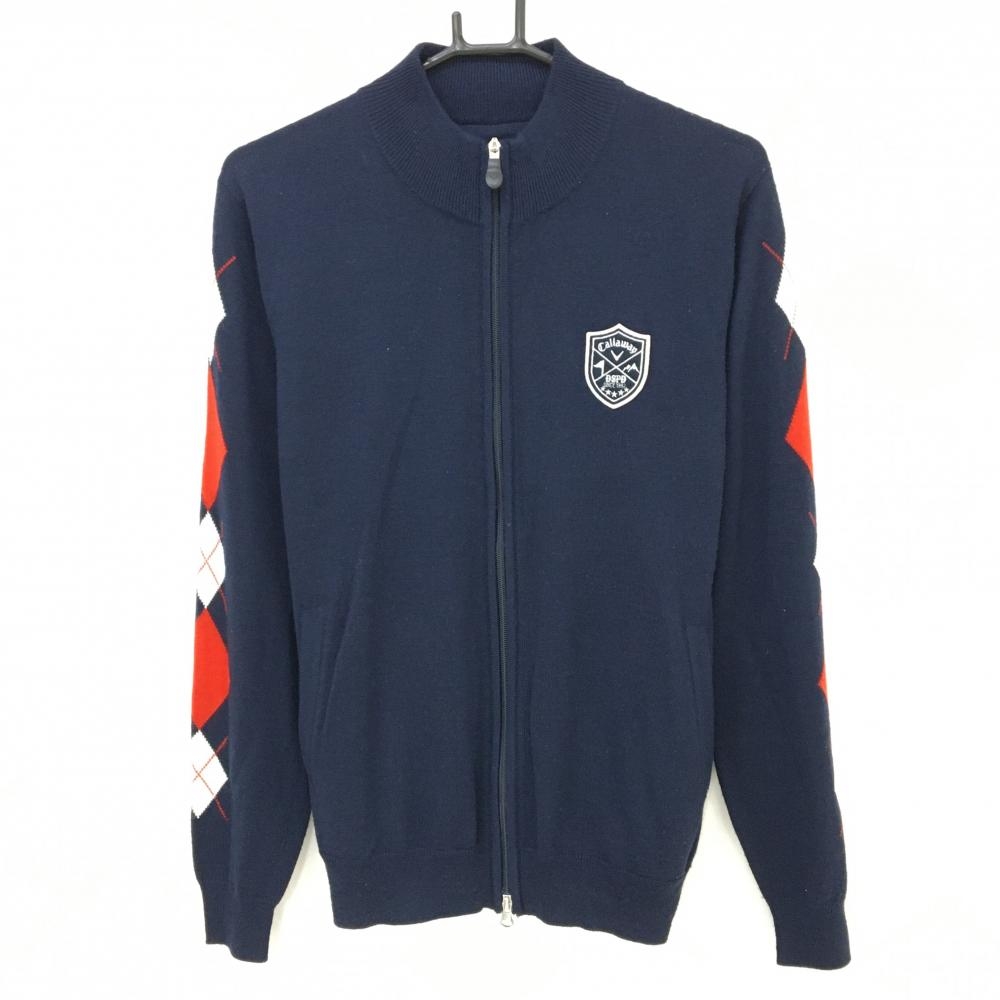 キャロウェイ ニットジャケット ネイビー×レッド 袖ダイヤ柄 ロゴワッペン ウール混  メンズ L ゴルフウェア Callaway
