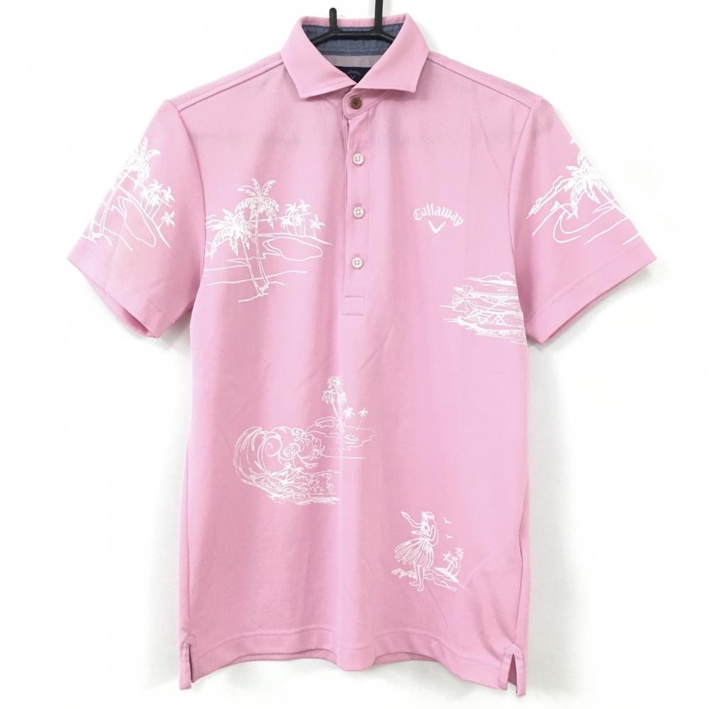 キャロウェイ 半袖ポロシャツ ピンク×白 ヤシの木プリント メンズ M ゴルフウェア Callaway