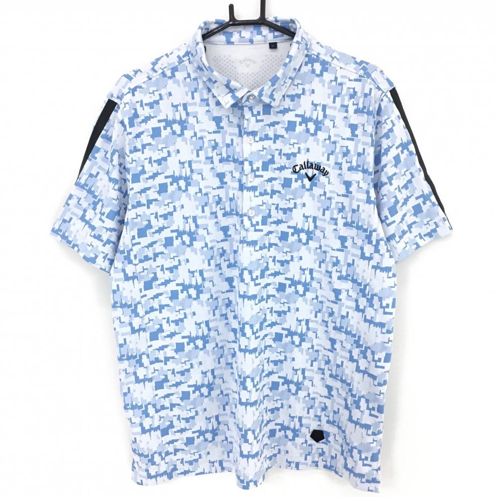 【超美品】キャロウェイ 半袖ポロシャツ ブルー×白 総柄 袖ライン ストレッチ 大きいサイズ メンズ 3L ゴルフウェア Callaway