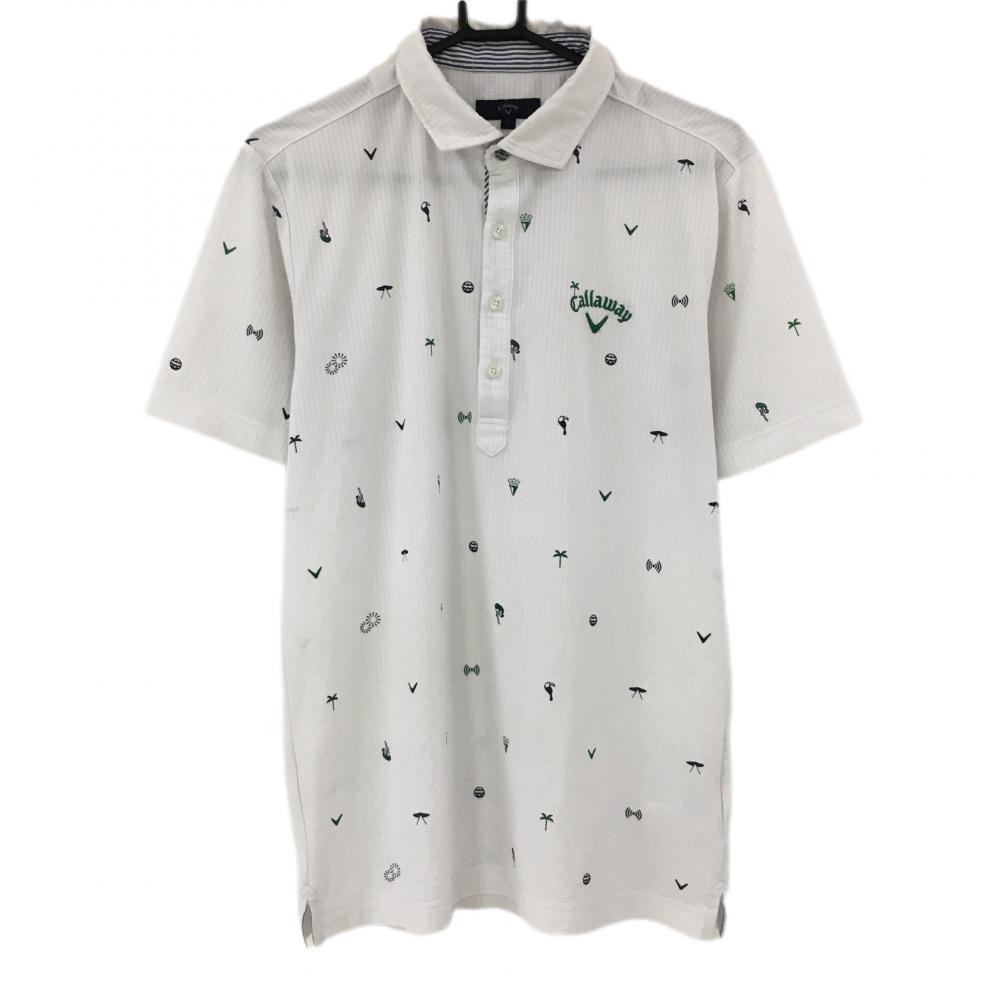 キャロウェイ 半袖ポロシャツ 白×グリーン 織生地 総柄 メンズ L ゴルフウェア Callaway 画像