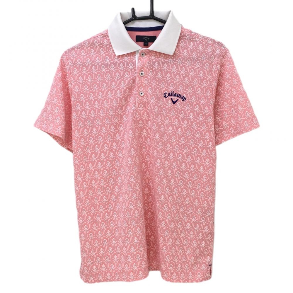 キャロウェイ 半袖ポロシャツ ピンク×白 イカリ柄 ロゴ刺しゅう メンズ M ゴルフウェア Callaway