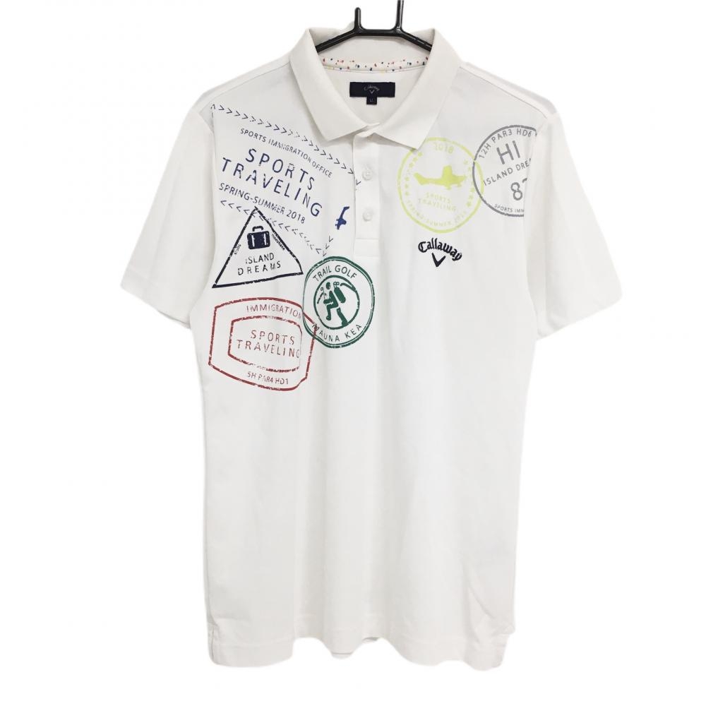 キャロウェイ 半袖ポロシャツ 白×マルチ 前上部柄 ロゴ刺しゅう  メンズ ＬＬ ゴルフウェア Callaway