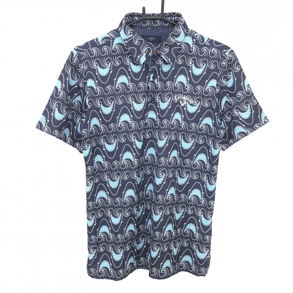 【美品】キャロウェイ 半袖ポロシャツ ネイビー×ライトブルー シャーク柄 一部裏メッシュ メンズ M ゴルフウェア Callaway