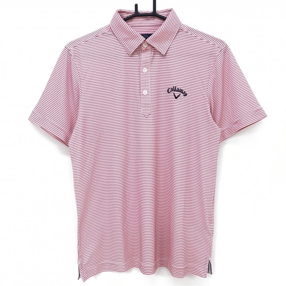【超美品】キャロウェイ 半袖ポロシャツ 白×レッド スクエアドット ストレッチ メンズ M ゴルフウェア Callaway