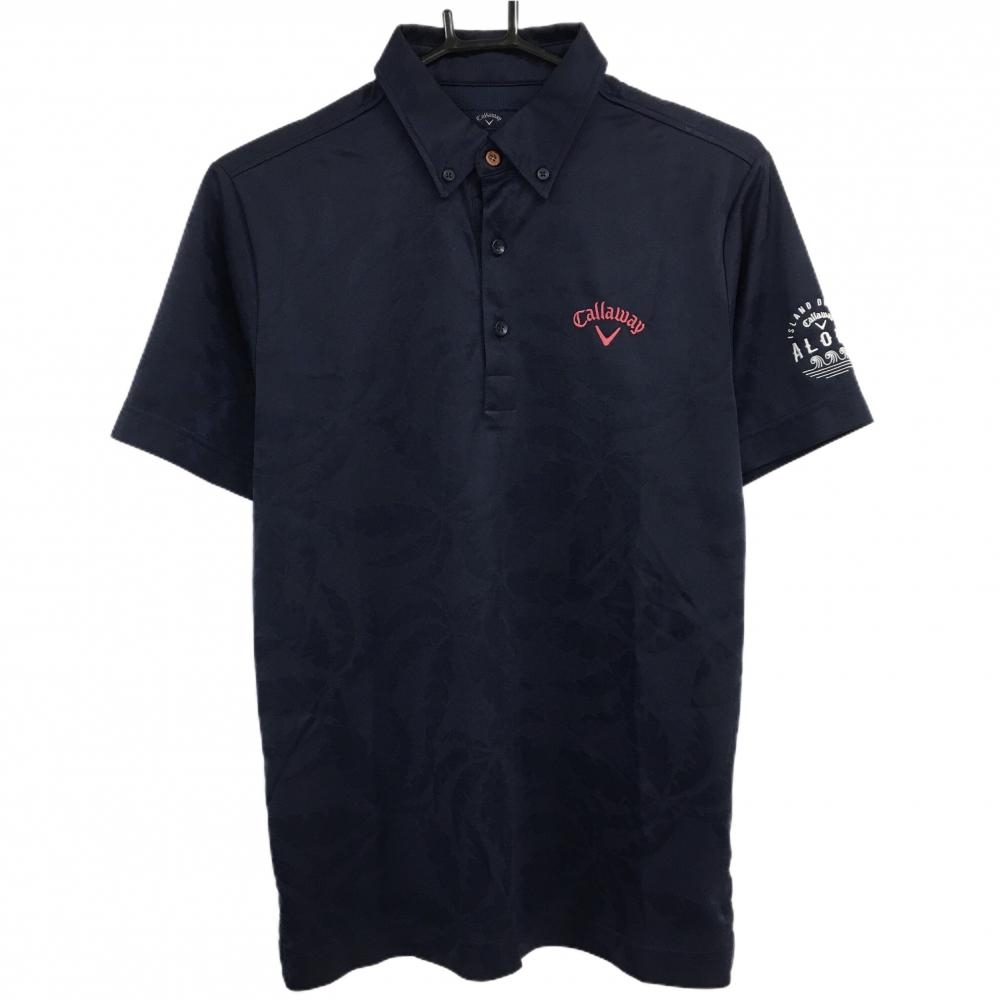 【超美品】キャロウェイ 半袖ポロシャツ ネイビー リーフ柄織生地 ボタンダウン ALOHA メンズ M ゴルフウェア Callaway