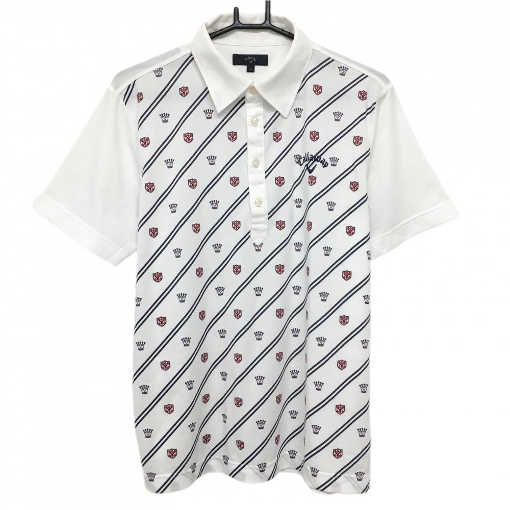 【美品】キャロウェイ 半袖ポロシャツ 白×ネイビー×レッド 前身頃総柄 クラウン 斜めボーダー メンズ L ゴルフウェア Callaway
