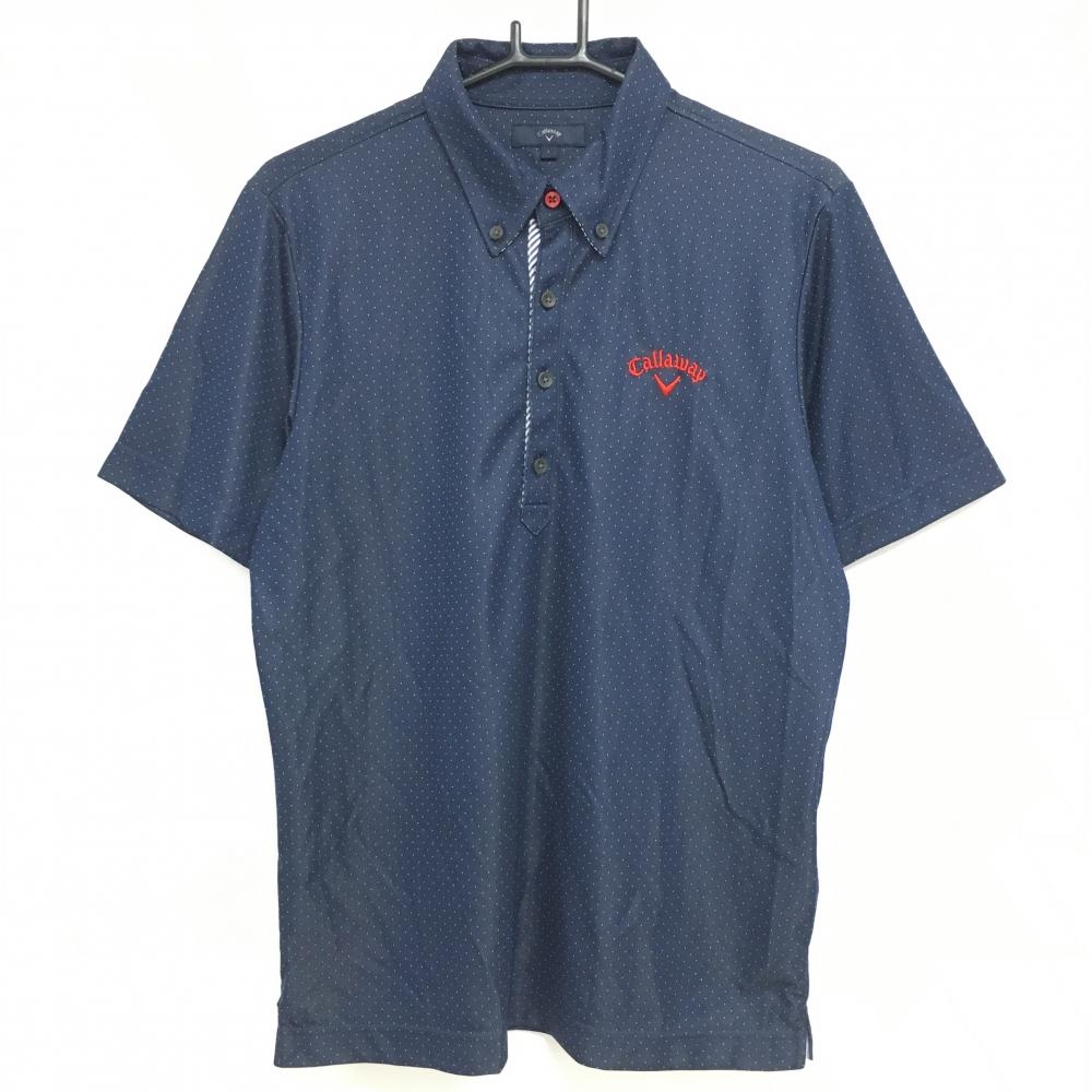 【超美品】キャロウェイ 半袖ポロシャツ ネイビー×白 ピンドット柄調 ボタンダウン 襟裏斜めストライプ メンズ L ゴルフウェア Callaway