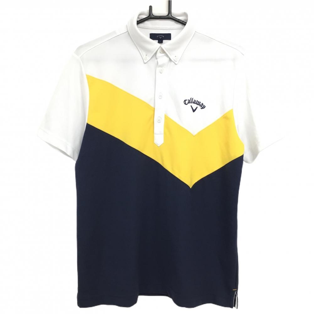 キャロウェイ 半袖ポロシャツ 白×イエロー×ネイビー ボタンダウン  メンズ L ゴルフウェア Callaway