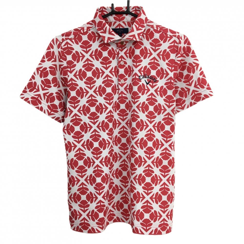 キャロウェイ 半袖ポロシャツ 白×レッド 総柄 花 ロゴ刺しゅう メンズ M ゴルフウェア Callaway