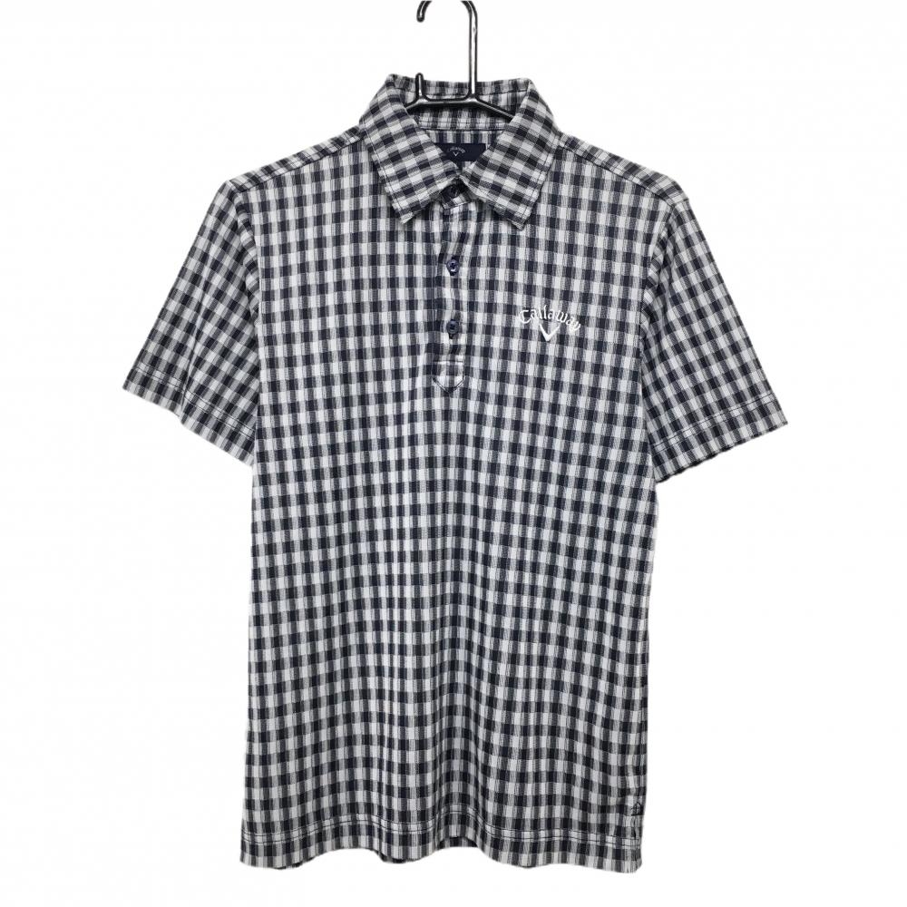 【超美品】キャロウェイ 半袖ポロシャツ 白×ネイビー チェック 胸ロゴ刺しゅう メンズ M ゴルフウェア Callaway