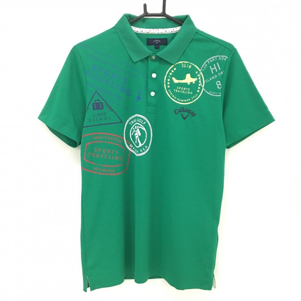 【美品】キャロウェイ 半袖ポロシャツ グリーン 前ビッグプリント メンズ L ゴルフウェア Callaway