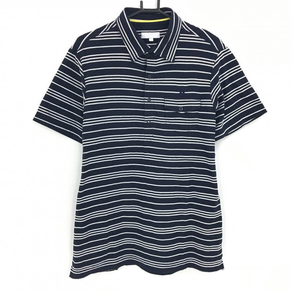 【美品】キャロウェイ 半袖ポロシャツ ネイビー×白 ボーダー スナップボタン メンズ LL ゴルフウェア Callaway