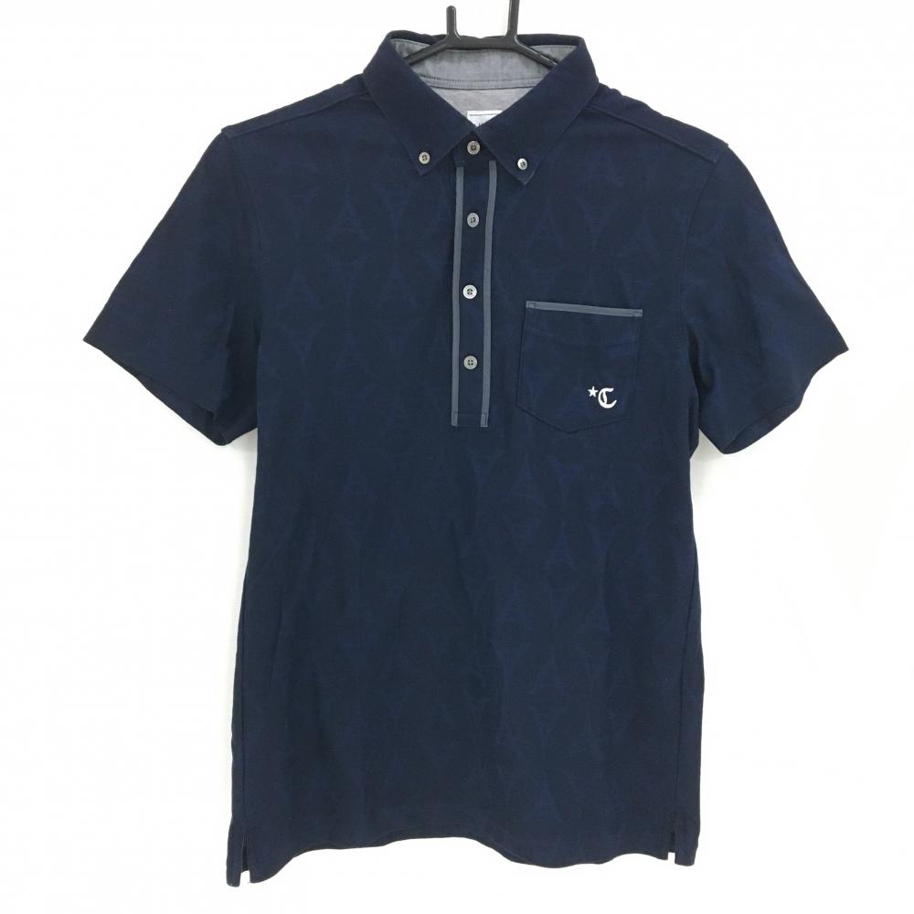 【美品】キャロウェイ 半袖ポロシャツ ネイビー 地模様 胸ポケット ボタンダウン メンズ M ゴルフウェア Callaway