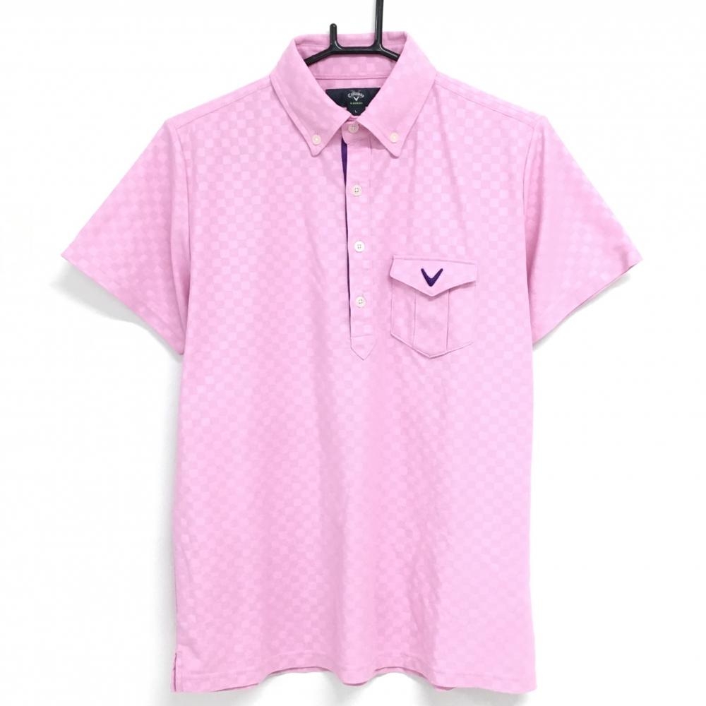 【美品】キャロウェイ 半袖ポロシャツ ピンク ボロックチェック地模様 ボタンダウン  メンズ L ゴルフウェア Callaway