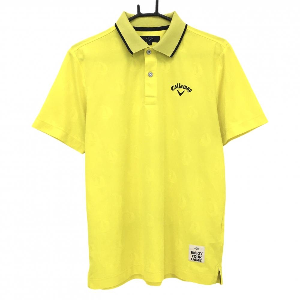 【美品】キャロウェイ 半袖ポロシャツ イエロー×ネイビー ヨット地模様 襟裏プリント メンズ L ゴルフウェア Callaway