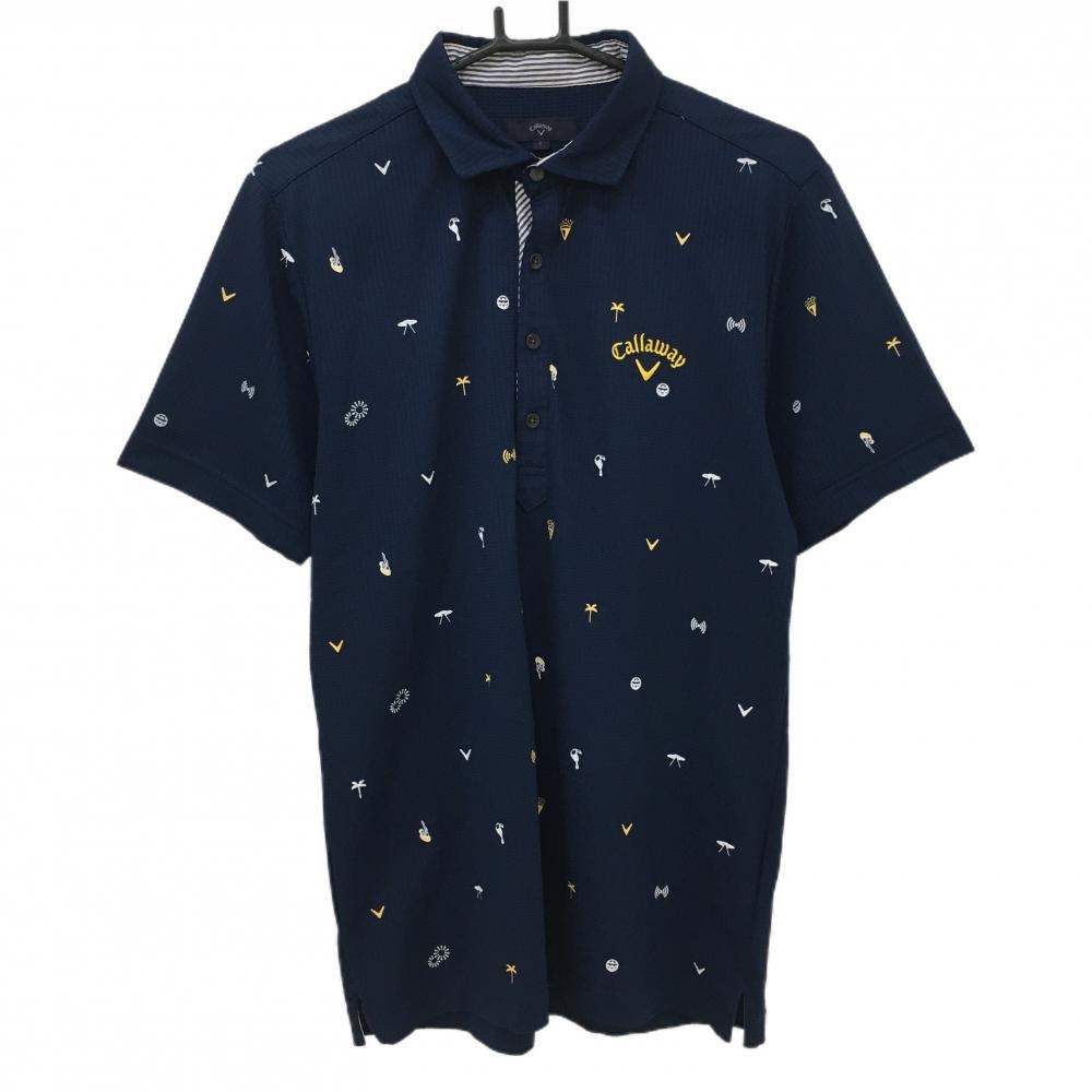 キャロウェイ 半袖ポロシャツ ネイビー×白×オレンジ系 総柄 サッカー生地風 メンズ L ゴルフウェア Callaway